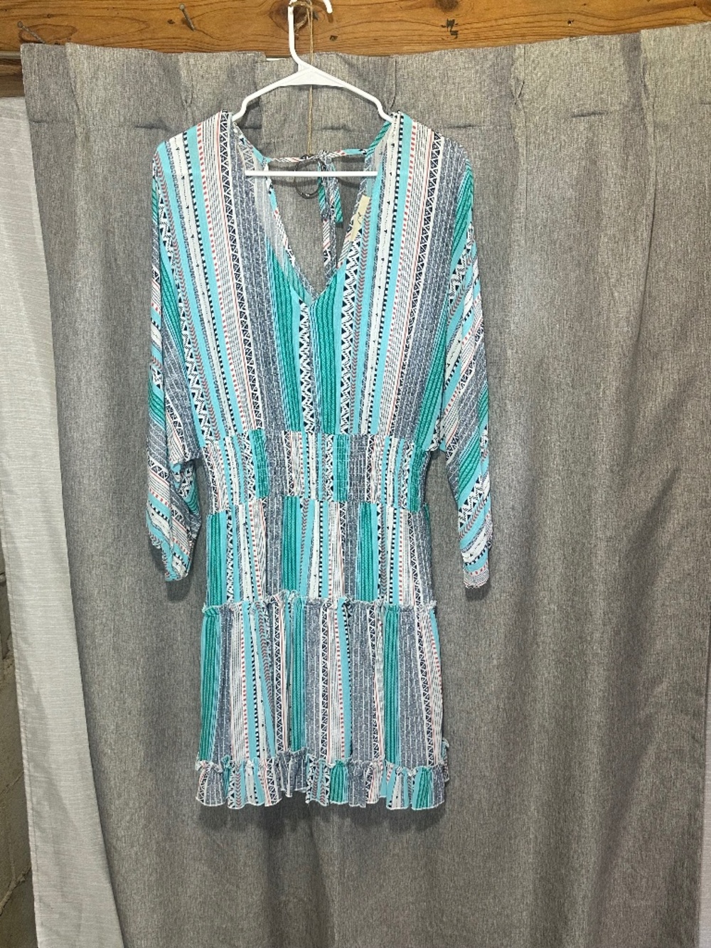 Hyped Unicorn Tribal Print Smocked Waist Dress Size Medium Teal Blue